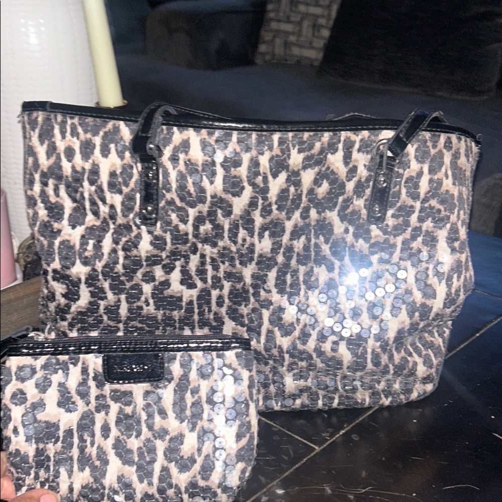 Nine West Black and Cream Animal Print Tote Set